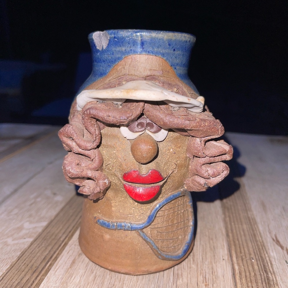 Ceramic Ugly Face Tennis Woman Girl Planter Mug White Hat and Red Lips